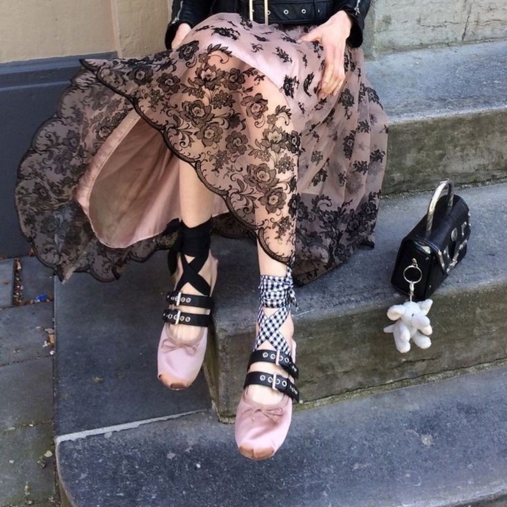 Miu Miu Balletcore Tie Up Belted Leather Ballerina Flats